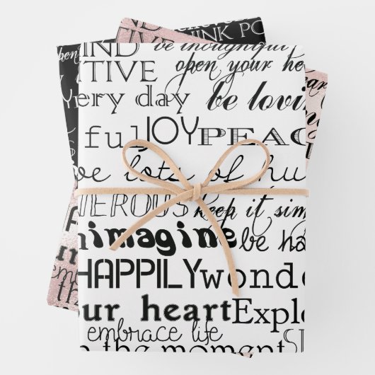 Schwarz-weiße inspirierende Wörter Geschenkpapier Set (Beispiel)