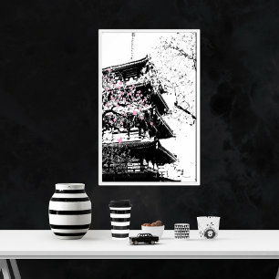 Schwarz/Weiße japanische Pagode mit Kirschblüten Poster
