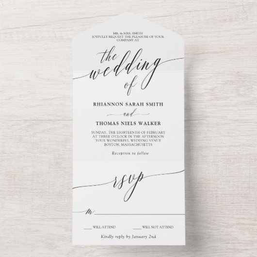 Schwarz-weiße Kalligrafie-Hochzeit All In One Einladung (Innen Boden)