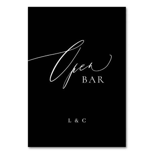 Schwarz-weiße Kalligrafie Hochzeit OFFENE Bar-Zeic Tischnummer (Vorderseite)