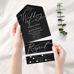 Schwarz-weiße Kalligrafie-Schrift Hochzeit All In One Einladung
