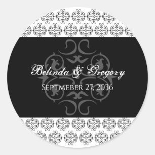 Schwarz-weiße Kalligrafie Vintage-Damask-Hochzeit Runder Aufkleber