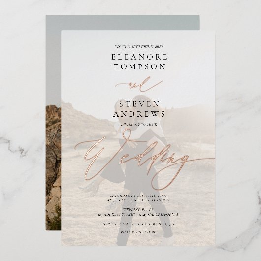 Schwarz-weiße Kalligraphie 2 Foto Minimalistische Folieneinladung (Vorderseite/Rückseite)