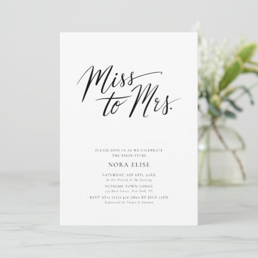 Schwarz-weiße Kalligraphie - Frau Brautparty Einladung (Stehend Vorderseite)