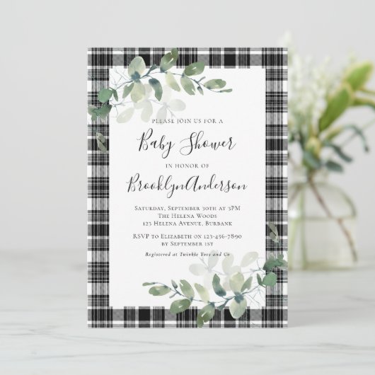 Schwarz-weiße Karierte Eucalyptus Baby-Dusche Einladung (Stehend Vorderseite)