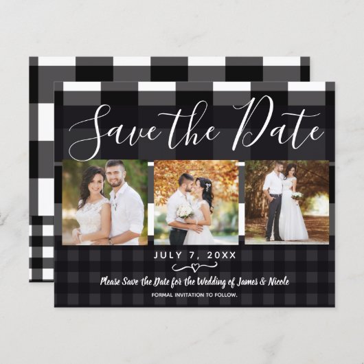 Schwarz-weiße Karierte Karo Foto Save the Date (Vorne/Hinten)