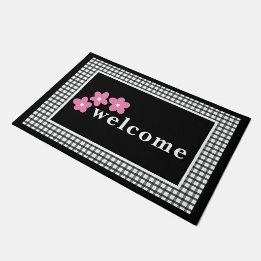 Schwarz-weiße Karierte Karos Blumen Fußmatte (Schrägansicht)