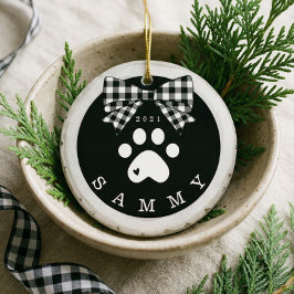 Schwarz-weiße Karierte Paw Print Pet Foto Holz Sli Keramik Ornament