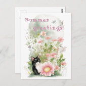 Schwarz-weiße Katze im Blumengarten Postkarte (Vorne/Hinten)