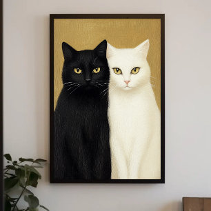 Schwarz-weiße Katzen auf goldenem Hintergrund Gemä Poster
