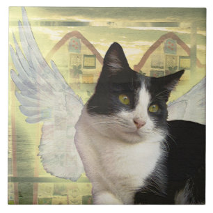 schwarz-weiße Katzen-Engelsflügel im Vintage-Stil Fliese