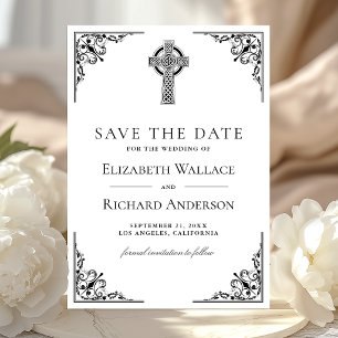 Schwarz-weiße keltische Kreuz-Hochzeit Save The Date