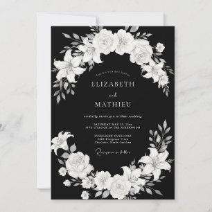 Schwarz-Weiße klassische Floralromanze Hochzeit Einladung