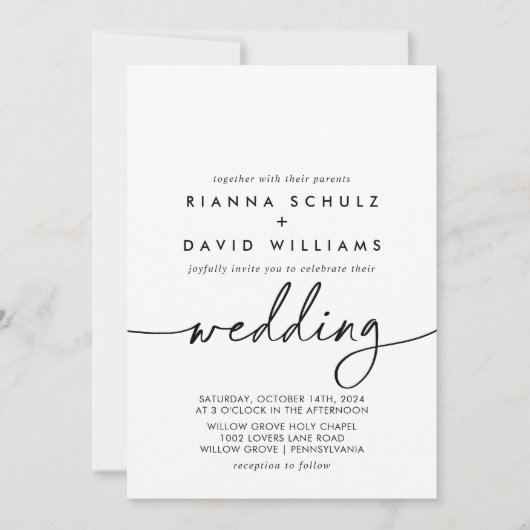 Schwarz-weiße klassische Front & Back Wedding Einladung (Vorderseite)