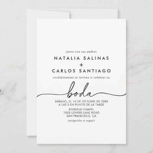 Schwarz-weiße klassische Spanisch-Hochzeit Einladung (Vorderseite)