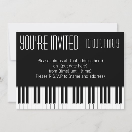 Schwarz-weiße Klavierschlüssel Einladung (Vorderseite)