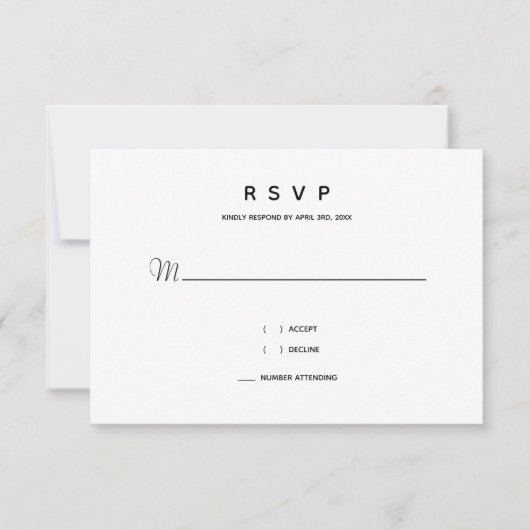 Schwarz-weiße Kleinstschrift für Hochzeiten RSVP Karte (Vorderseite)