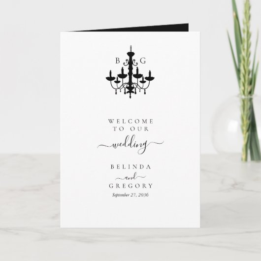 Schwarz-weiße Kronleuchter-Hochzeitserklärung Programm (Vorderseite)