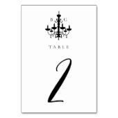 Schwarz-weiße Kronleuchter-Hochzeitstabelle Tischnummer (Vorderseite)