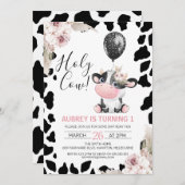 Schwarz-weiße Kuh Blumendruckballon 1. Geburtstag Einladung (Vorne/Hinten)