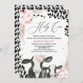 Schwarz-weiße Kuh Calf Boho Floral Baby Dusche Einladung (Vorne/Hinten)