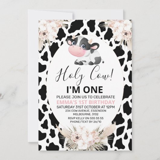 Schwarz-weiße Kuh drucken Heilige Kuh Geburtstag Einladung (Vorderseite)