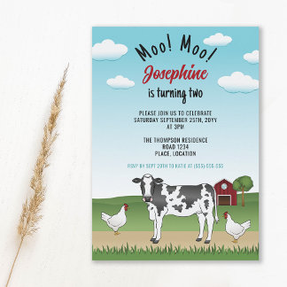 Schwarz-weiße Kuh- und Hühnerfarm Barnyard Birthda Einladung
