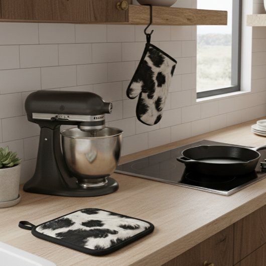 Schwarz-weiße Kuhknochen Fur Ofenhandschuh & Topflappen-Set