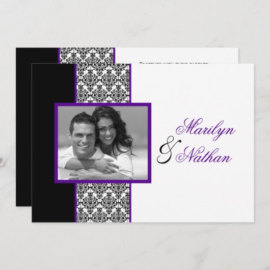 Schwarz-weiße Lila Damask Foto Hochzeit Einladung (Vorne/Hinten)
