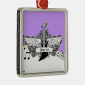 Schwarz-weiße lila Gitarre mit Flügeln Silbernes Ornament (Rechts)