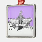 Schwarz-weiße lila Gitarre mit Flügeln Silbernes Ornament (Links)