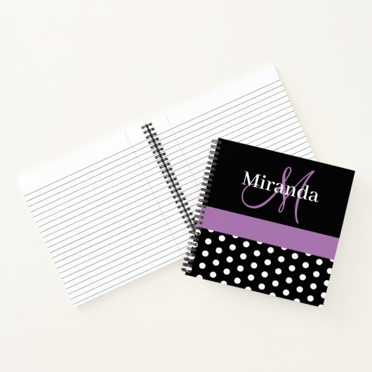 Schwarz-weiße Lila Monogram Script Polka Dots Notizblock (Innenseite)