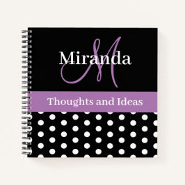 Schwarz-weiße Lila Monogram Script Polka Dots Notizblock