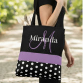 Schwarz-weiße Lila Monogram Script Polka Dots Tasche