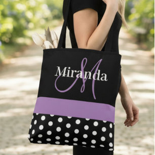 Schwarz-weiße Lila Monogram Script Polka Dots Tasche