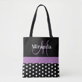 Schwarz-weiße Lila Monogram Script Polka Dots Tasche (Vorderseite)