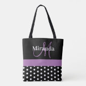 Schwarz-weiße Lila Monogram Script Polka Dots Tasche (Rückseite)