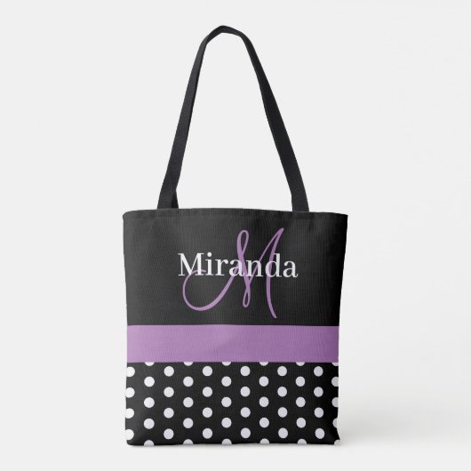 Schwarz-weiße Lila Monogram Script Polka Dots Tasche (Rückseite)