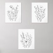 Schwarz-weiße Linie Gezeichnet Florals Set 3 Wall  (Vorderseite)