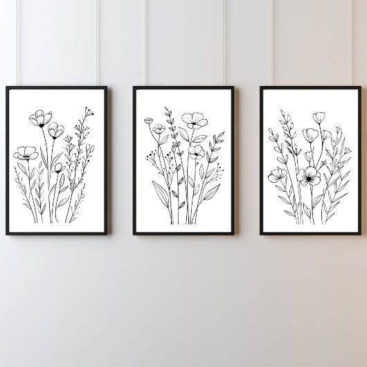 Schwarz-weiße Linie Gezeichnet Florals Set 3 Wall 