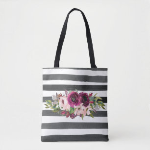 Schwarz-weiße Linien und Floral Tasche
