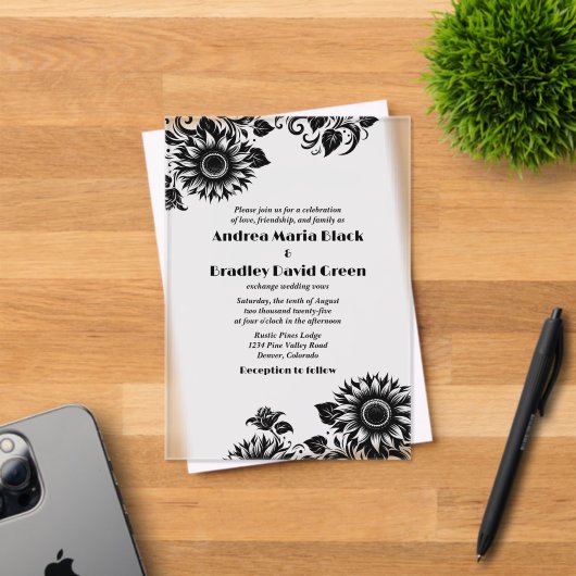 Schwarz-weiße Linocut Sonnenblumenhochzeit Acryleinladungen (Insitu (Einladungskarte))