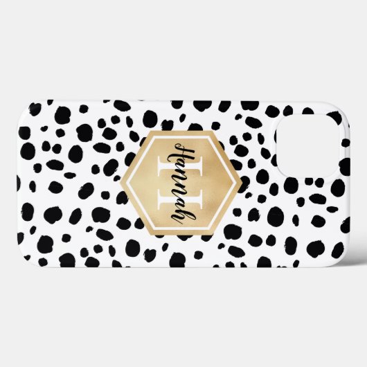 Schwarz-weiße Lochmuster-Gold-Monogramm Case-Mate iPhone Hülle (Rückseite (Horizontal))