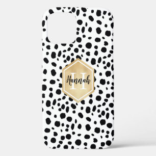 Schwarz-weiße Lochmuster-Gold-Monogramm iPhone 12 Hülle
