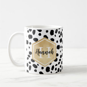 Schwarz-weiße Lochmuster-Gold-Monogramm Kaffeetasse