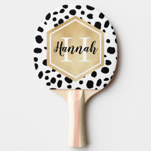 Schwarz-weiße Lochmuster-Gold-Monogramm Tischtennis Schläger