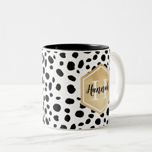 Schwarz-weiße Lochmuster-Gold-Monogramm Zweifarbige Tasse (VorderseiteRechts)