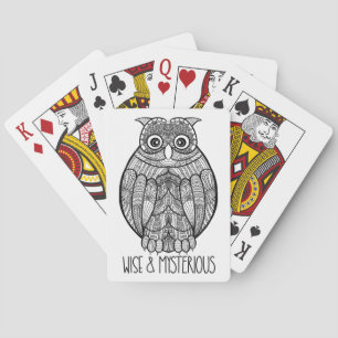 Schwarz-weiße Mandala-Eulen-Illustration mit Text Spielkarten