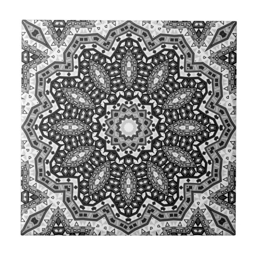 Schwarz-weiße Mandala, Kaleidoskop, Rundschmuck Fliese (Vorderseite)