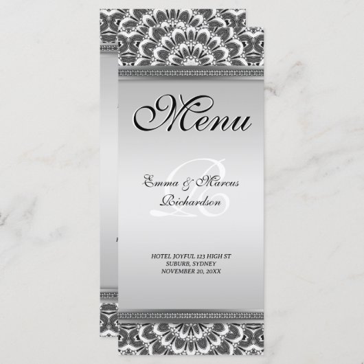 Schwarz-weiße Mandala Wedding Menu Card Menükarte (Vorne/Hinten)